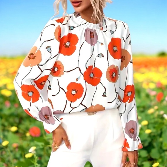 Women’s Floral Print Women's High Neck Top Long Sleeve Size PTP 22 x Length 24 - Picture 1 of 9